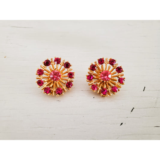 Vintage Fuchsia Rhinestone Round Gold Tone Earrings