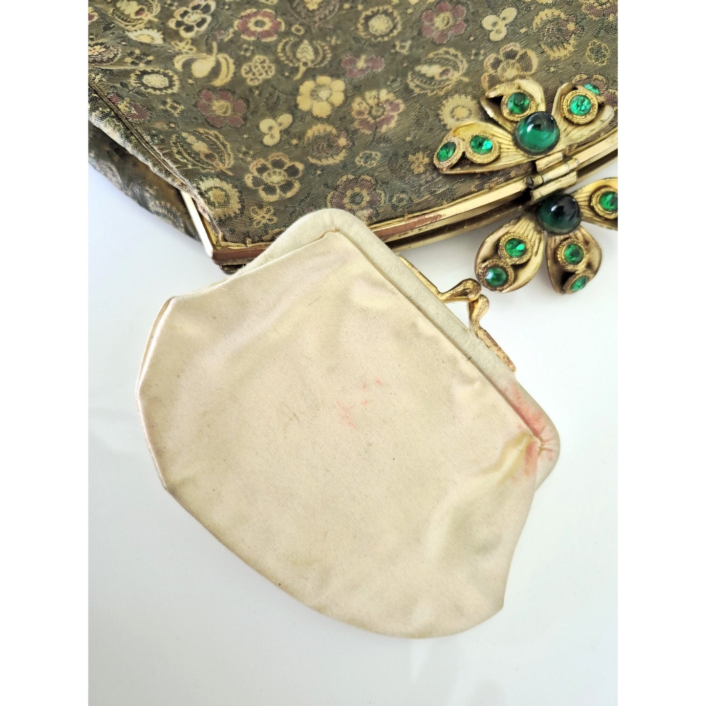 Vintage Antique 1930s Silk Brocade Hand Purse with Green Rhinestones