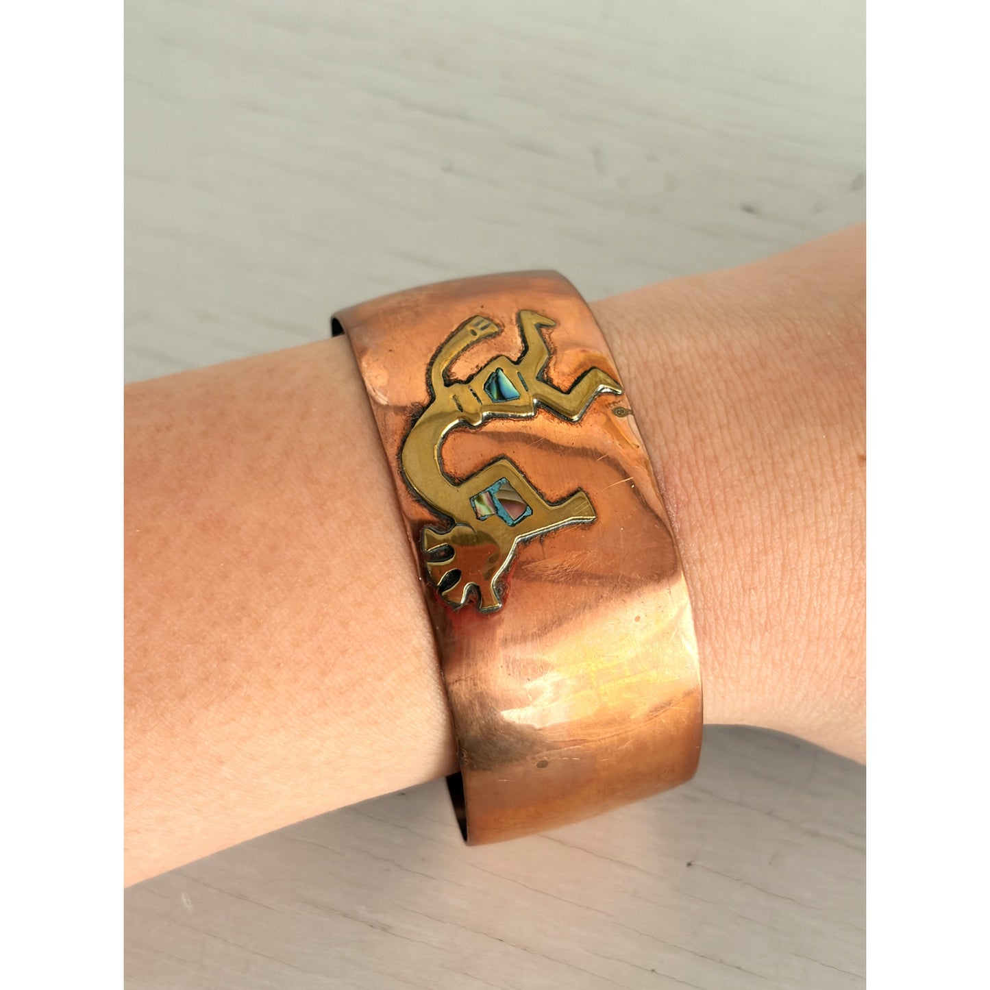 Aztec Mexico Brass Copper Inlaid Abalone Cuff Bracelet