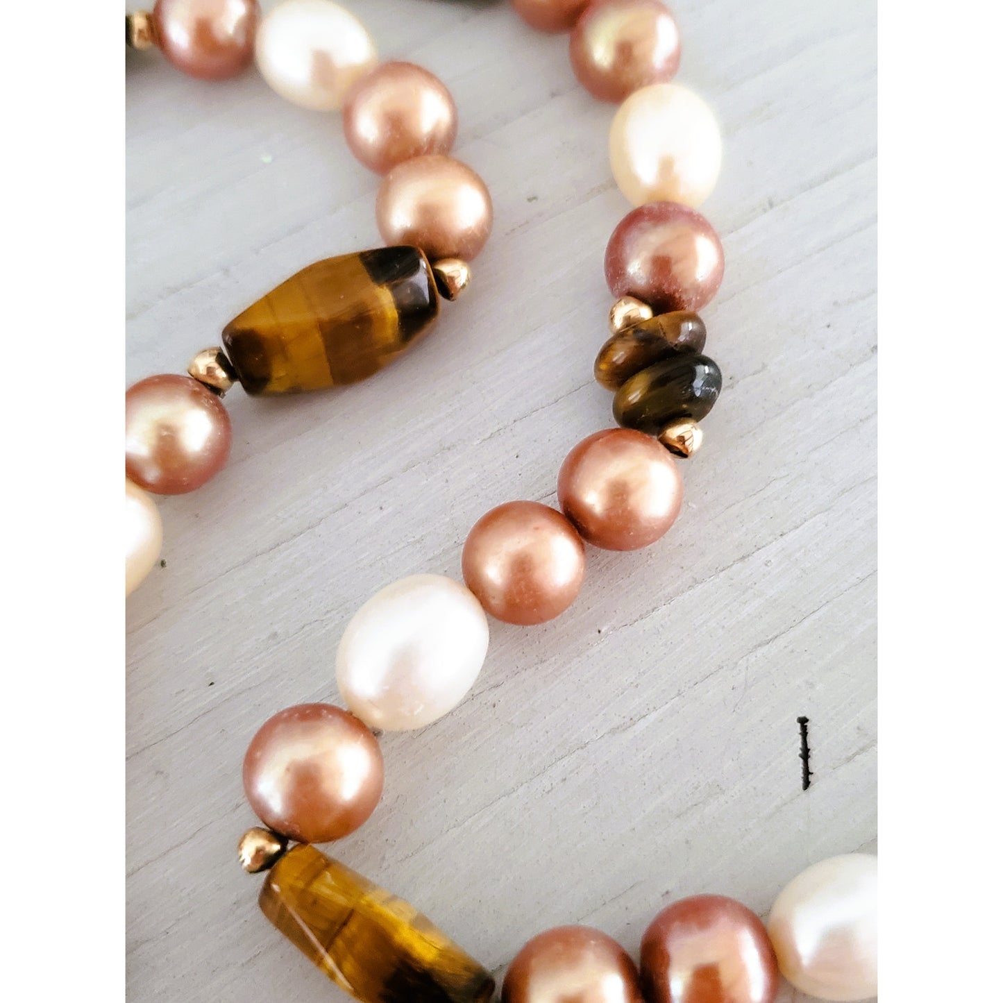 14K Gold Honora Natural Brown Cream Pearl & Tigers Eye Necklace