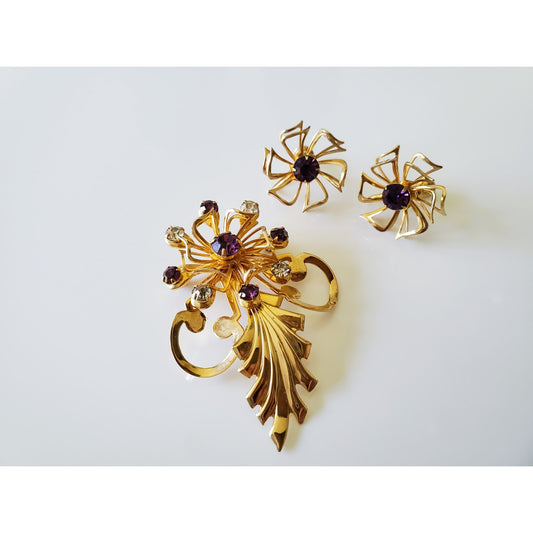 Vintage Gold Tone Dark Purple Stone Floral Brooch and Earring Set