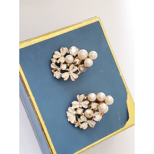 Vintage Faux Pearl and Rhinestone Clip On Earrings