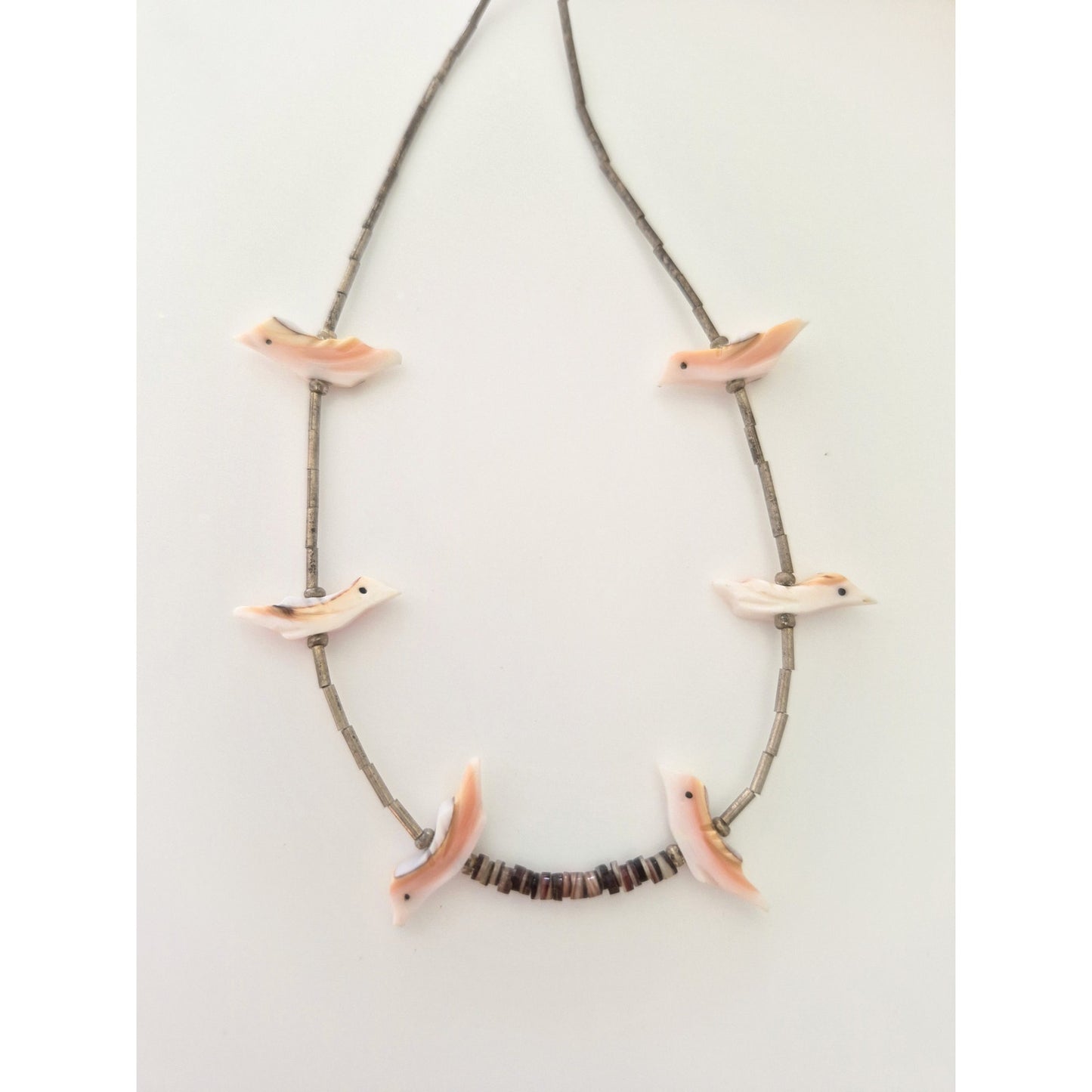 Vintage MOP Pink Birds Shell and Liquid Silver Bead Choker Necklace