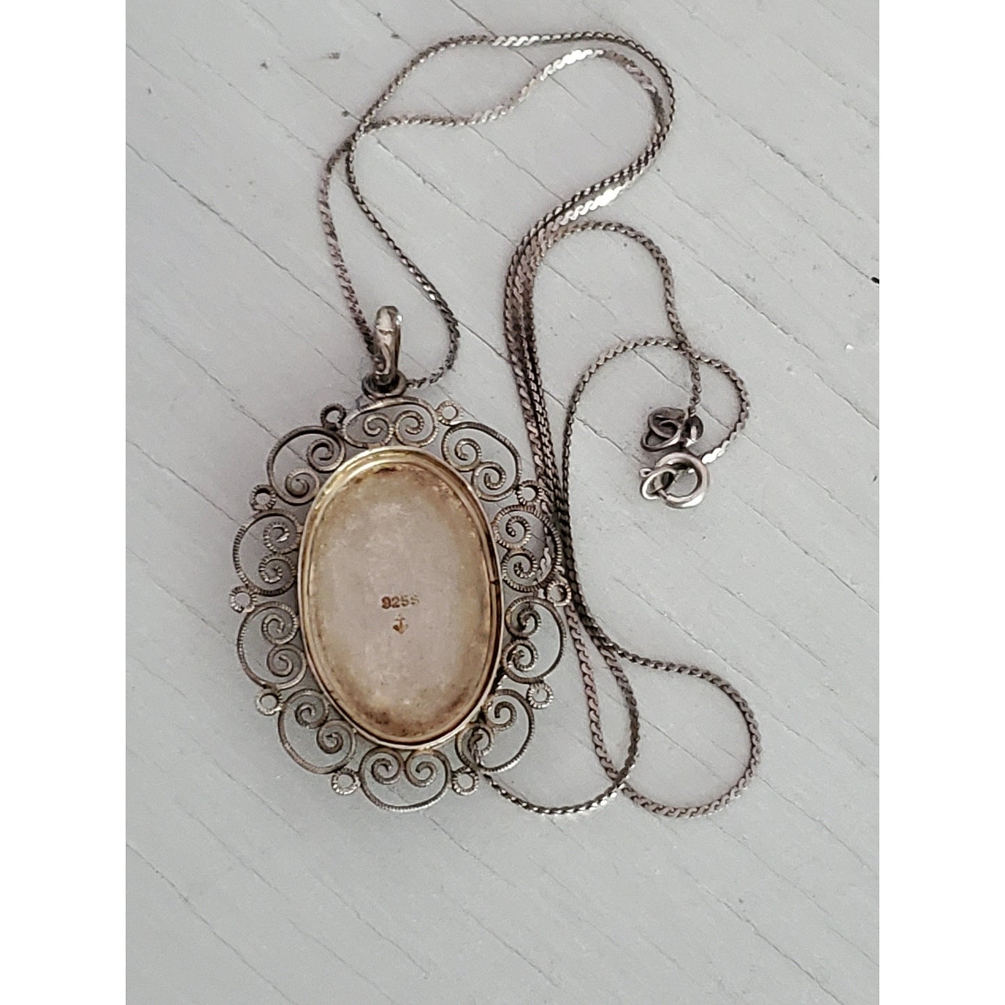 Vintage Sterling Silver Porcelain Floral Pendant Necklace