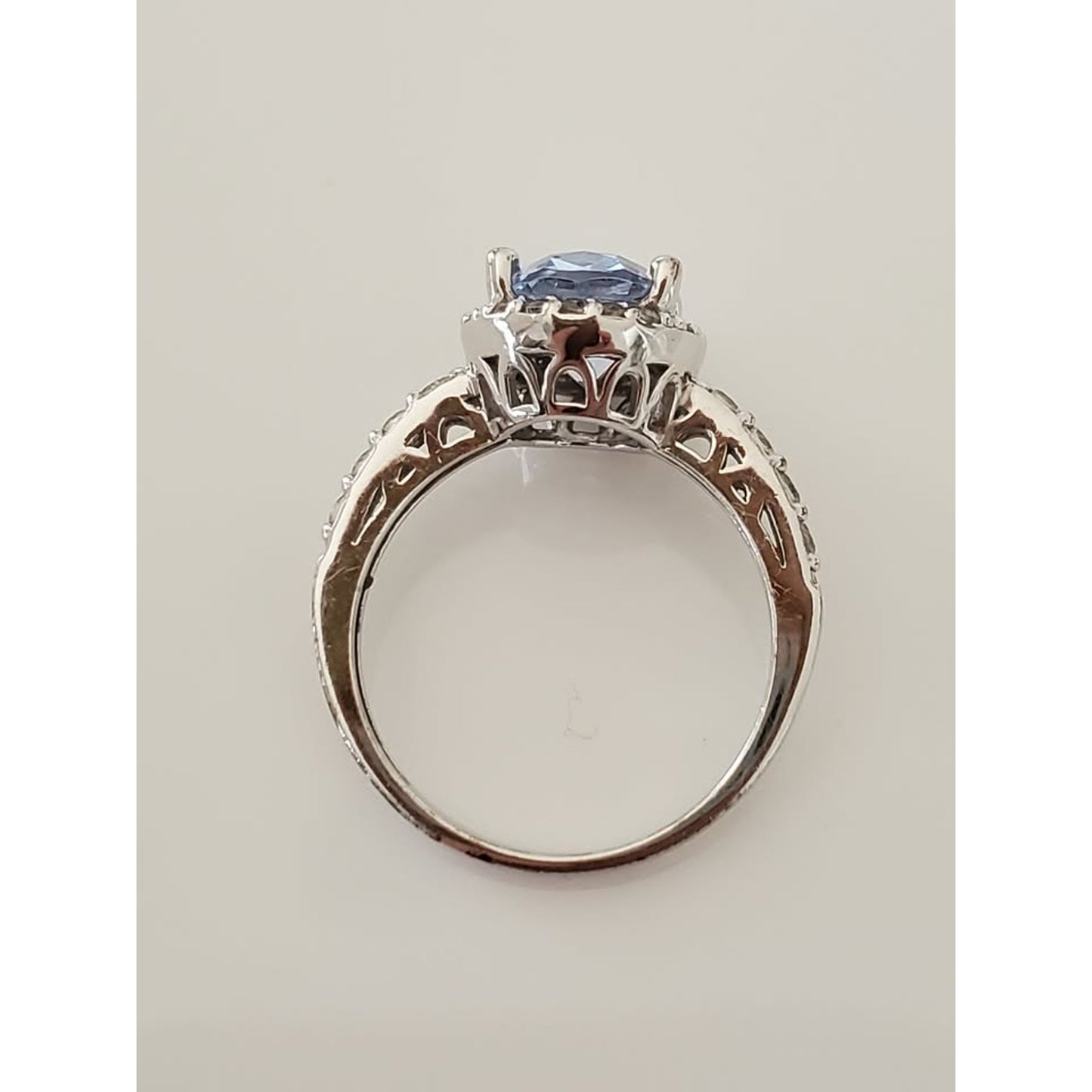 Blue Stone and CZ Halo Sterling Silver Ring