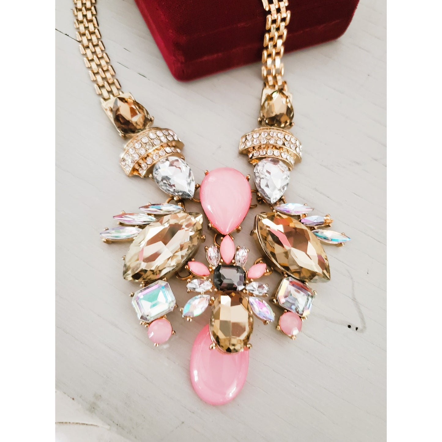 Vintage Pink and Gold Multi Stone Statement Necklace