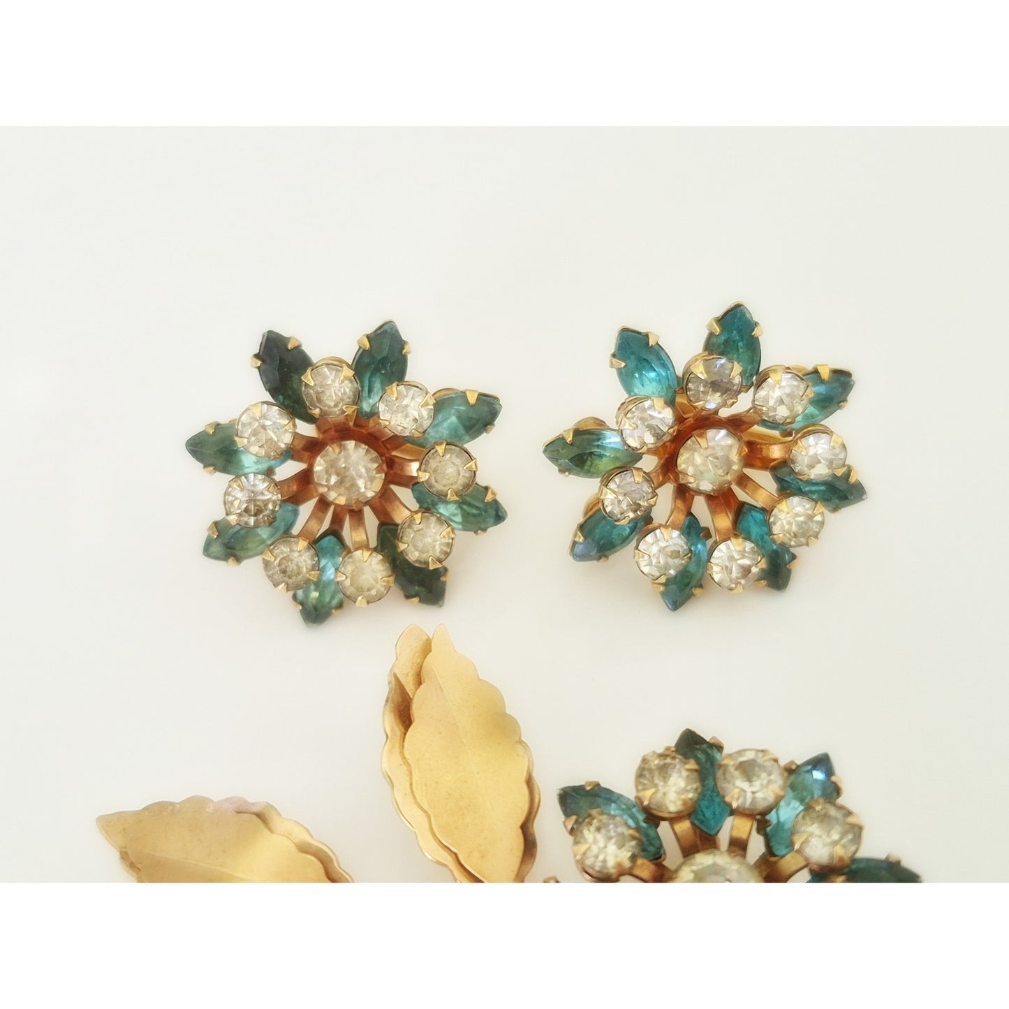 Vintage Gold-fill Blue and White Rhinestone Floral Brooch and Earring Set