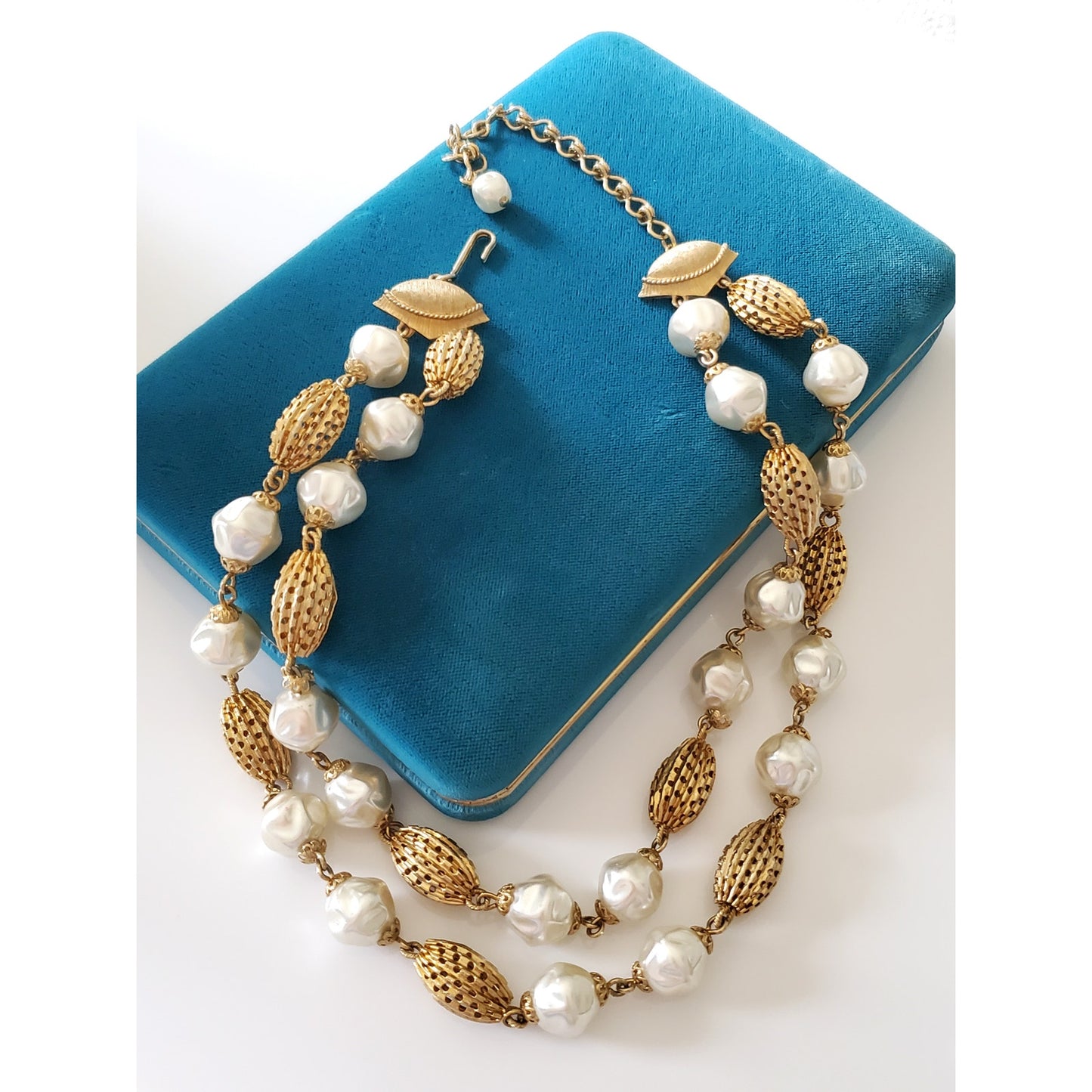 Vintage Double Strand Choker Faux Pearl and Gold Filigree Bead Necklace