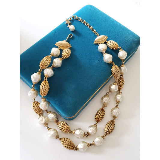 Vintage Double Strand Choker Faux Pearl and Gold Filigree Bead Necklace