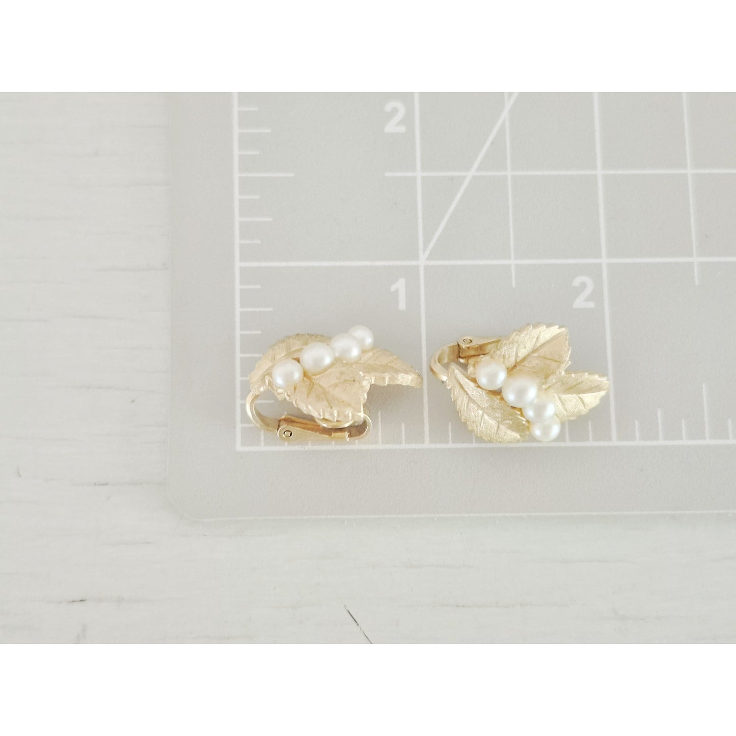 Vintage MCM Crown Trifari Faux Pearl Textured Leaf Earrings