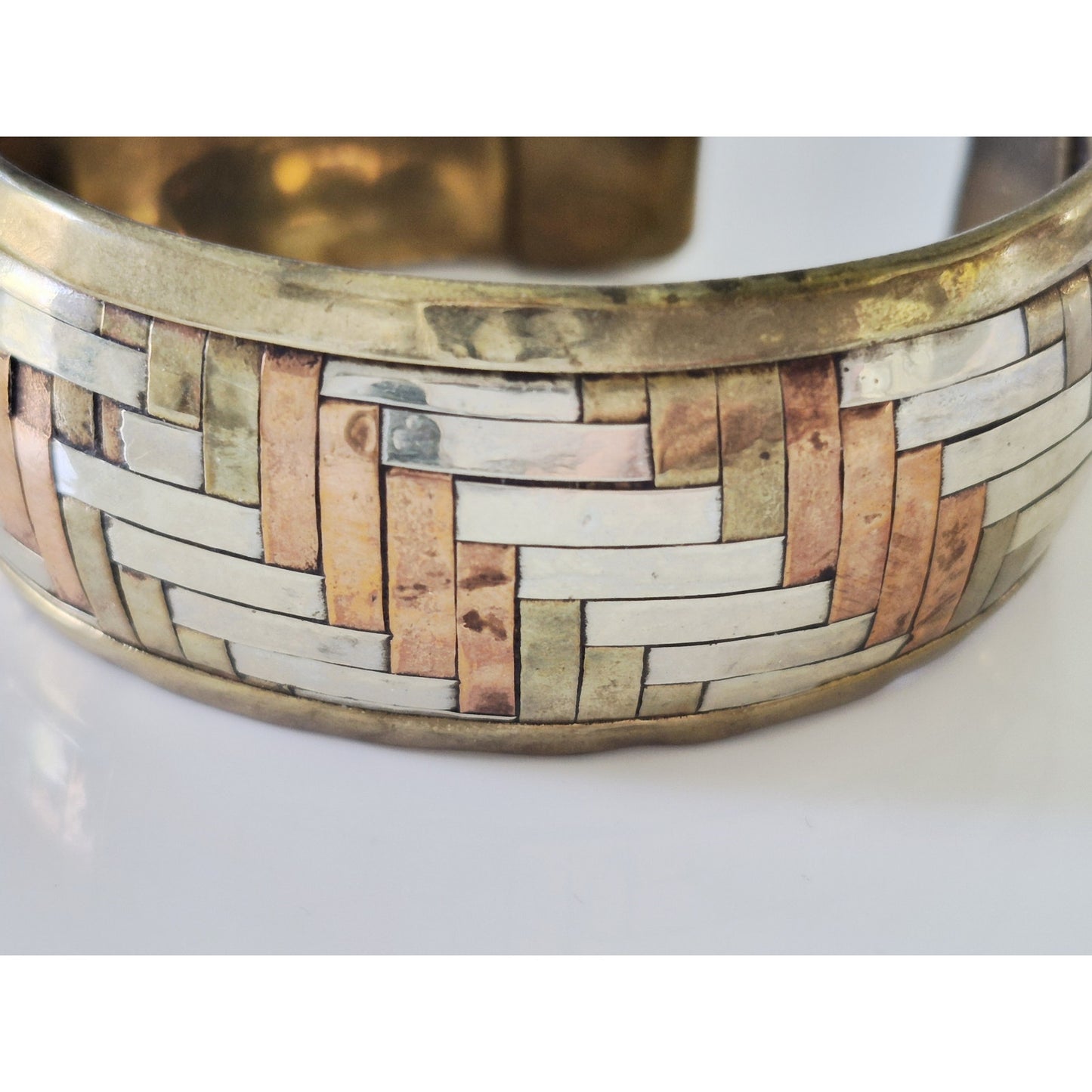 Vintage Brass Copper Sterling Silver Inter Woven Bangle Bracelet