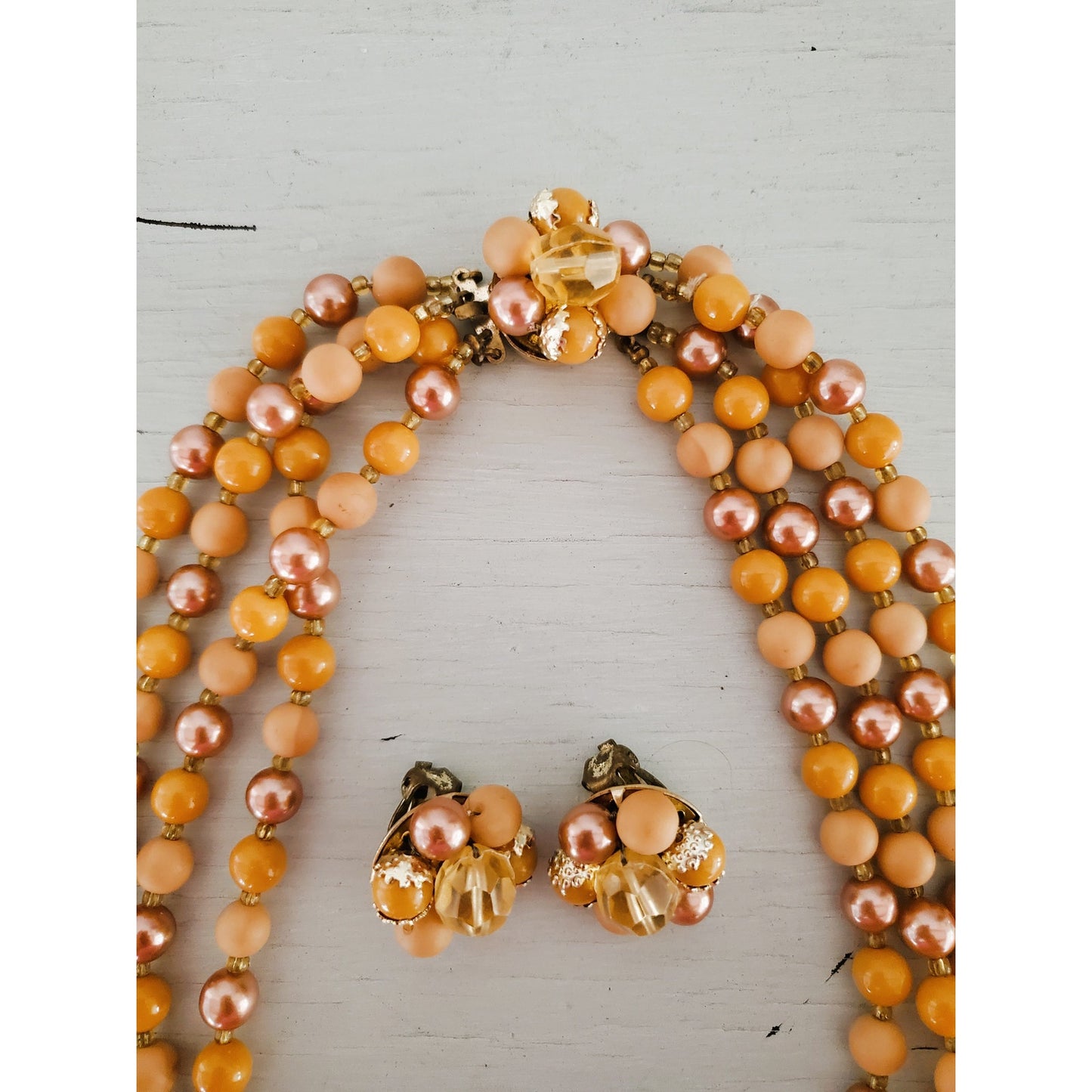 Vintage Japan Triple Strand Pink & Gold Tone Faux Pearl Necklace and Earring Set