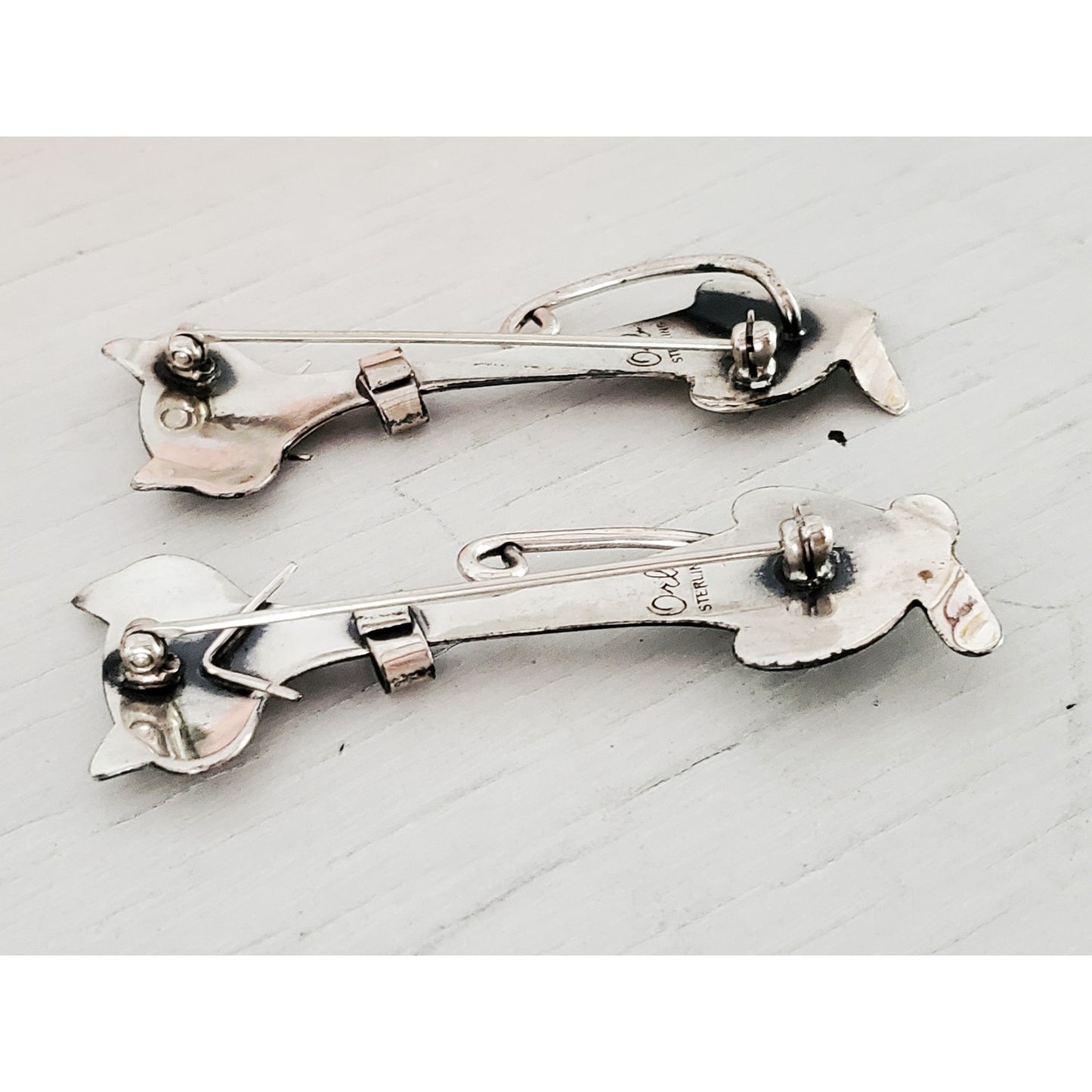 Vintage Pair of Orb Otto Robert Bade Designer Sterling Silver Cat Brooches