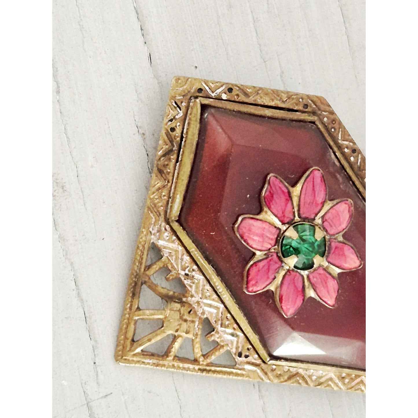 Vintage Art Deco Gold Tone Enamel Glass Floral Pin Brooch