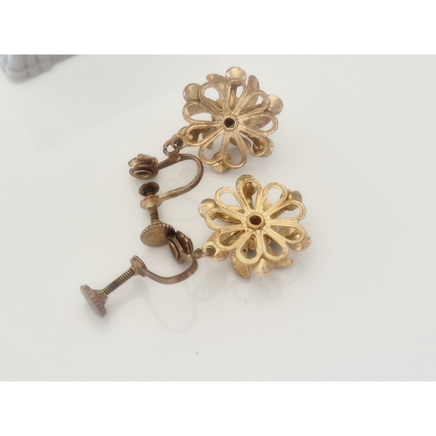 Vintage MCM Iris Striped Rhinestone Dangle Flower Screw-on Earrings
