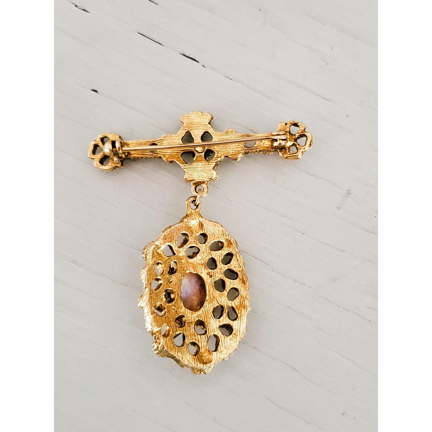 Vintage Faux Opal and Gold Tone Dangle Brooch